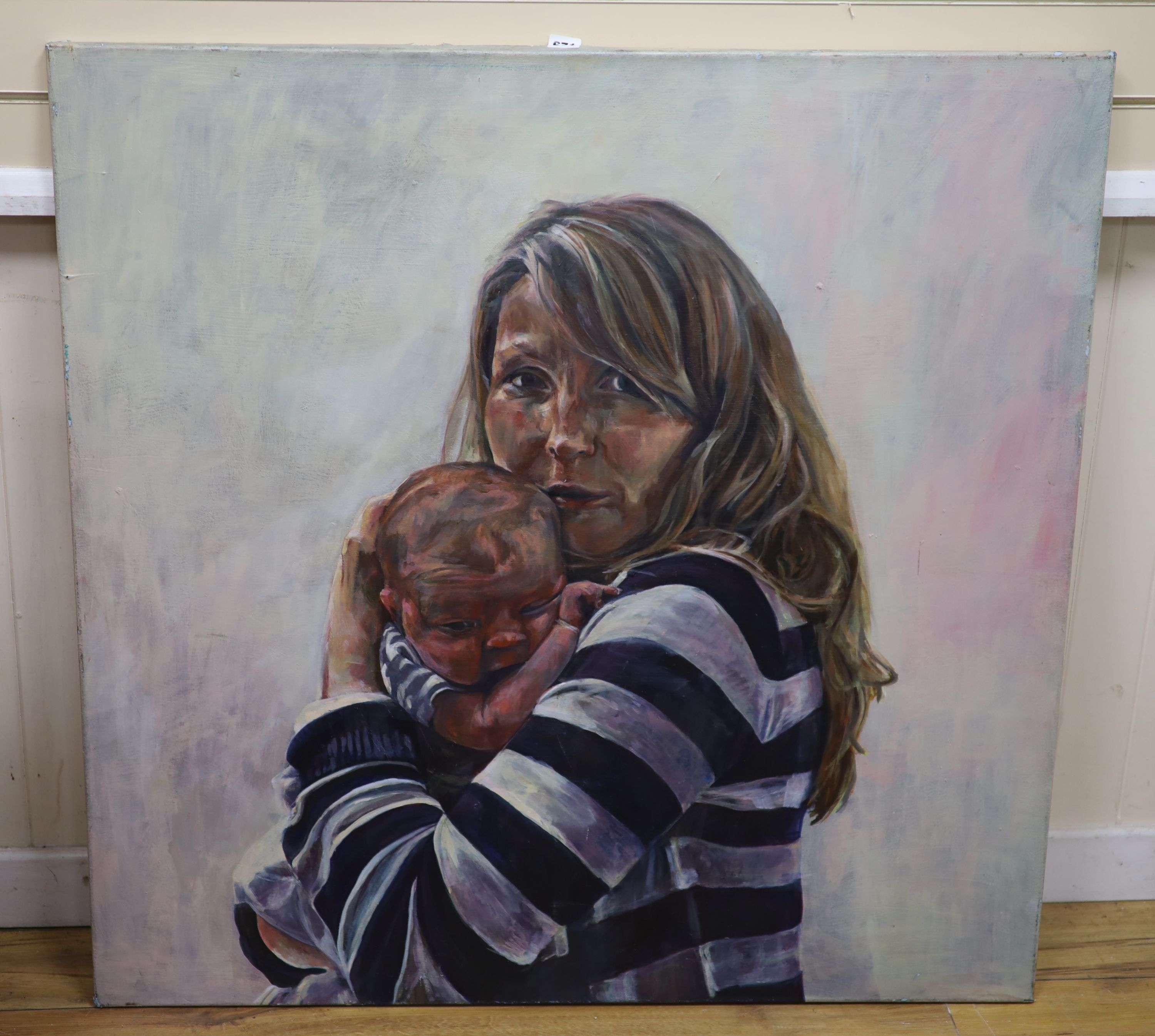 Linda de Canha Payne, Portrait of a woman and child, Mall Galleries label verso, Hesketh Hubbard exhibition, signed and dated 2012 verso, 102 x 102cm